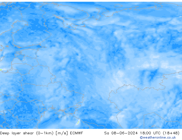 Deep layer shear (0-1km) ECMWF Sa 08.06.2024 18 UTC