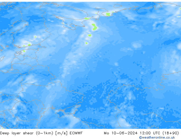 Deep layer shear (0-1km) ECMWF lun 10.06.2024 12 UTC