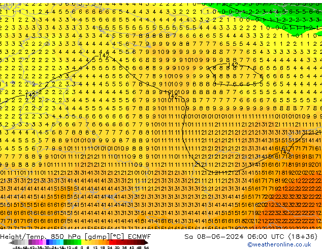 Height/Temp. 850 гПа ECMWF сб 08.06.2024 06 UTC