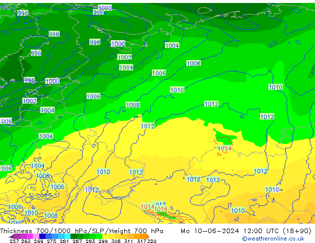 Thck 700-1000 hPa ECMWF Po 10.06.2024 12 UTC