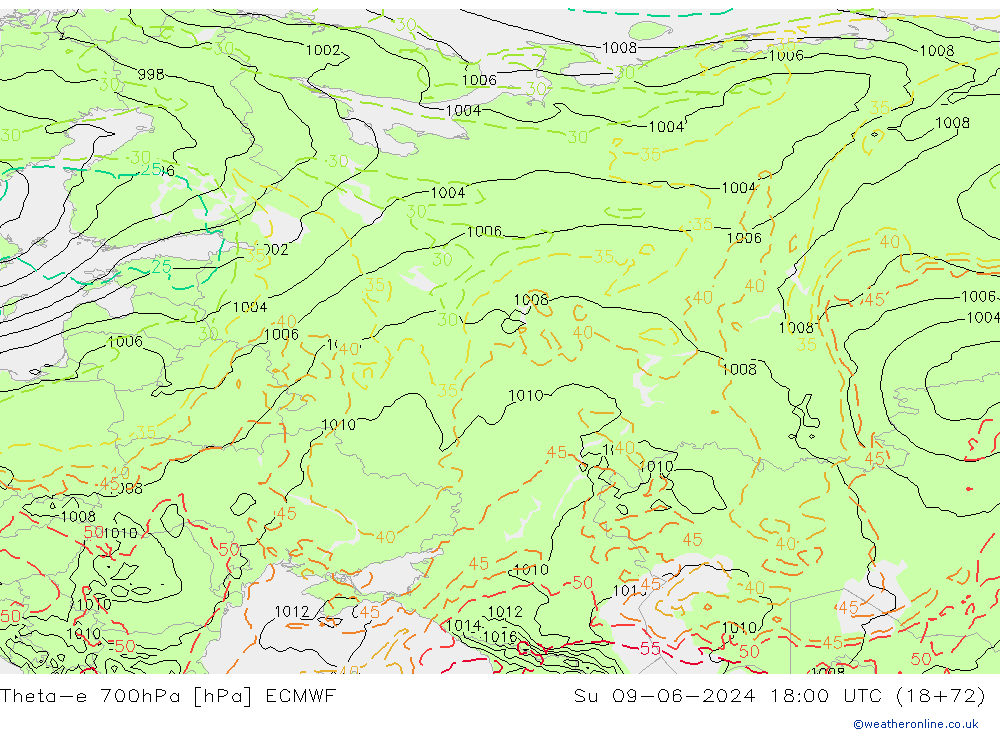 Theta-e 700hPa ECMWF Su 09.06.2024 18 UTC