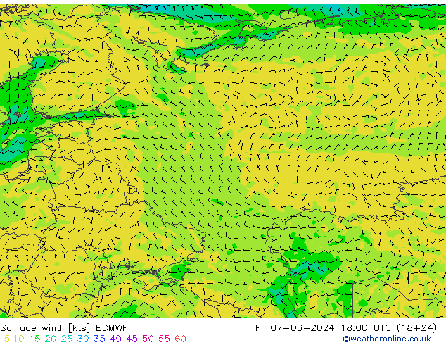 Prec 6h/Wind 10m/950 ECMWF Fr 07.06.2024 18 UTC