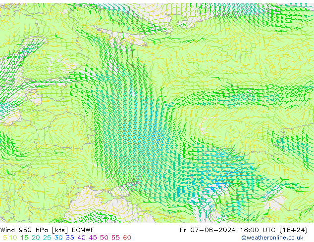 Prec 6h/Wind 10m/950 ECMWF Fr 07.06.2024 18 UTC