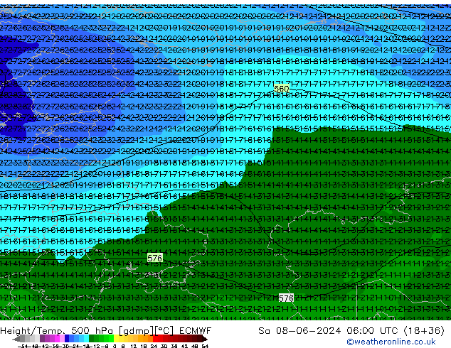 Height/Temp. 500 гПа ECMWF сб 08.06.2024 06 UTC