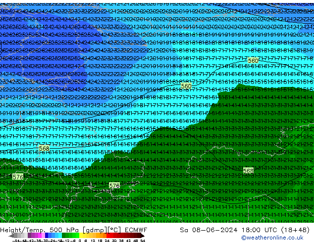 Z500/Rain (+SLP)/Z850 ECMWF Sáb 08.06.2024 18 UTC