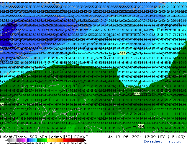 Height/Temp. 500 hPa ECMWF Po 10.06.2024 12 UTC