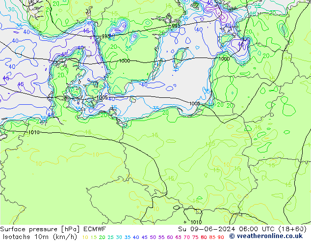 Isotachen (km/h) ECMWF zo 09.06.2024 06 UTC