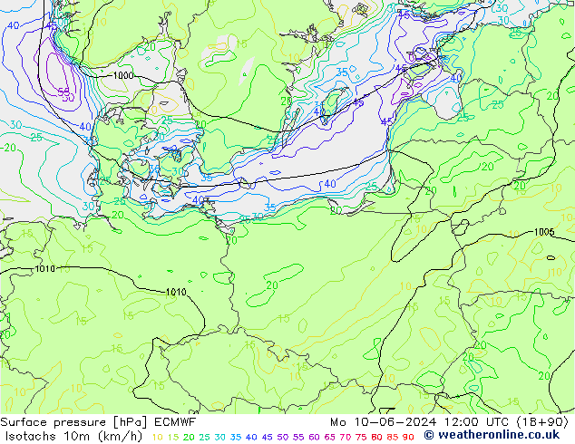 Isotachs (kph) ECMWF Po 10.06.2024 12 UTC