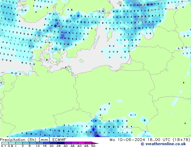 Precipitation (6h) ECMWF Mo 10.06.2024 00 UTC