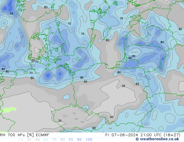 RH 700 гПа ECMWF пт 07.06.2024 21 UTC