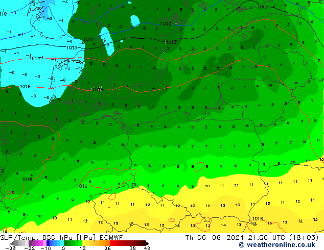 SLP/Temp. 850 hPa ECMWF czw. 06.06.2024 21 UTC