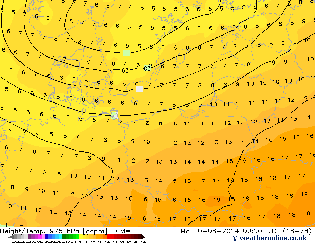 Height/Temp. 925 hPa ECMWF pon. 10.06.2024 00 UTC