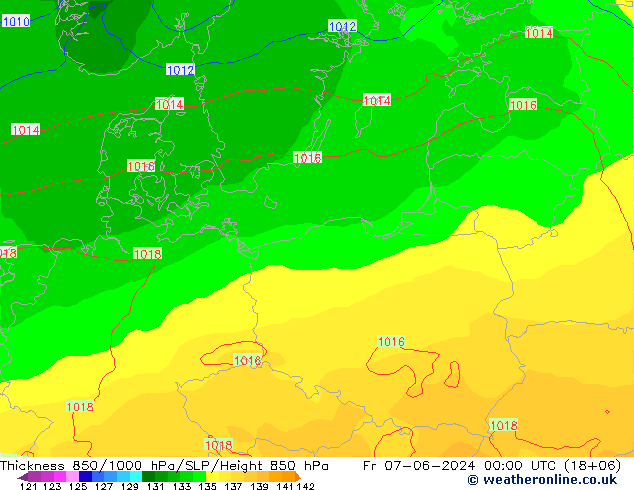 Espesor 850-1000 hPa ECMWF vie 07.06.2024 00 UTC