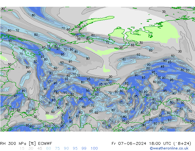 RH 300 hPa ECMWF Pá 07.06.2024 18 UTC