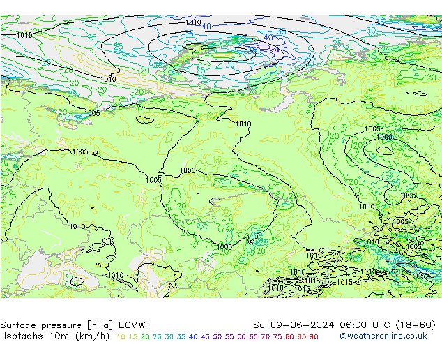 Isotachs (kph) ECMWF dom 09.06.2024 06 UTC