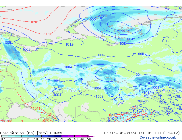 Precipitation (6h) ECMWF Pá 07.06.2024 06 UTC