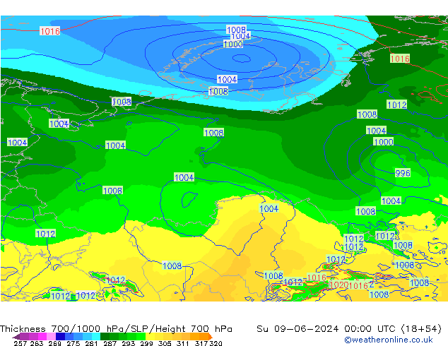 Thck 700-1000 hPa ECMWF Su 09.06.2024 00 UTC