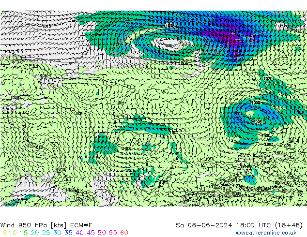 Wind 950 hPa ECMWF Sa 08.06.2024 18 UTC