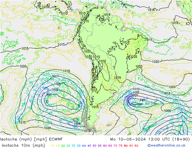 Isotachen (mph) ECMWF Mo 10.06.2024 12 UTC