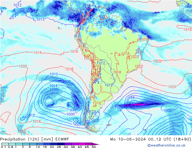 Precipitation (12h) ECMWF Mo 10.06.2024 12 UTC