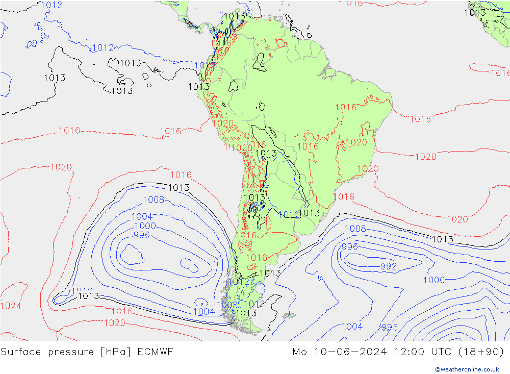 Presión superficial ECMWF lun 10.06.2024 12 UTC