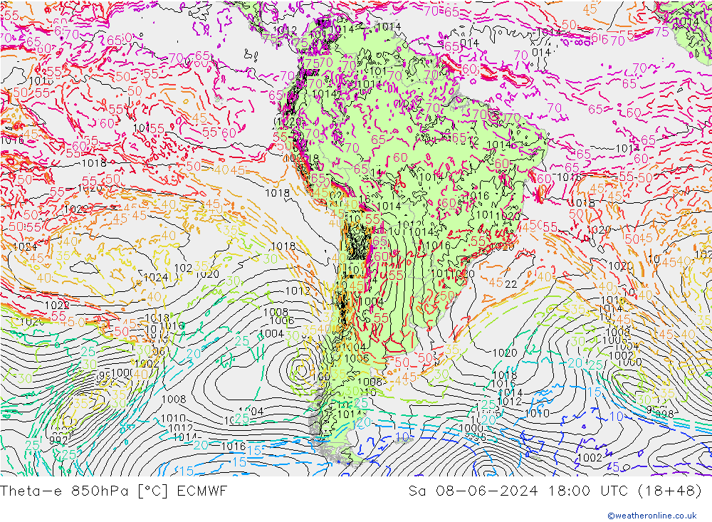 Theta-e 850гПа ECMWF сб 08.06.2024 18 UTC