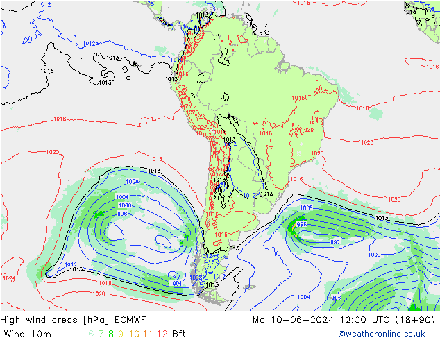 High wind areas ECMWF lun 10.06.2024 12 UTC