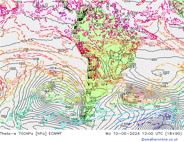 Theta-e 700hPa ECMWF pon. 10.06.2024 12 UTC