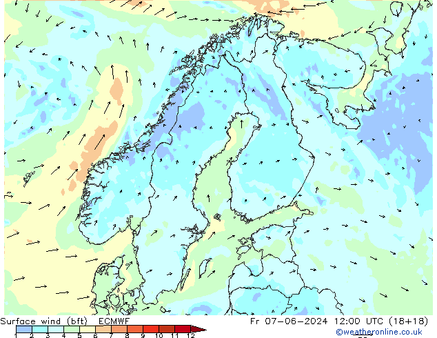 Wind 10 m (bft) ECMWF vr 07.06.2024 12 UTC