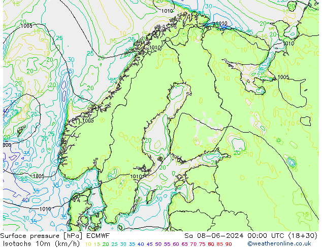 Isotachs (kph) ECMWF сб 08.06.2024 00 UTC