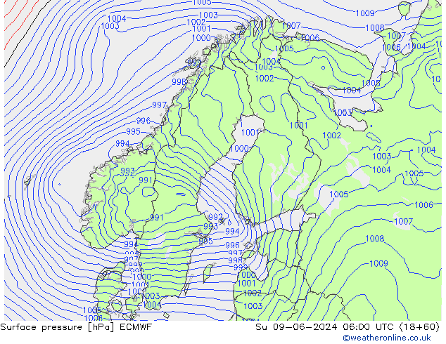 Pressione al suolo ECMWF dom 09.06.2024 06 UTC