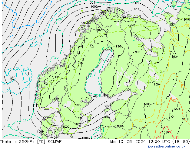 Theta-e 850hPa ECMWF pon. 10.06.2024 12 UTC