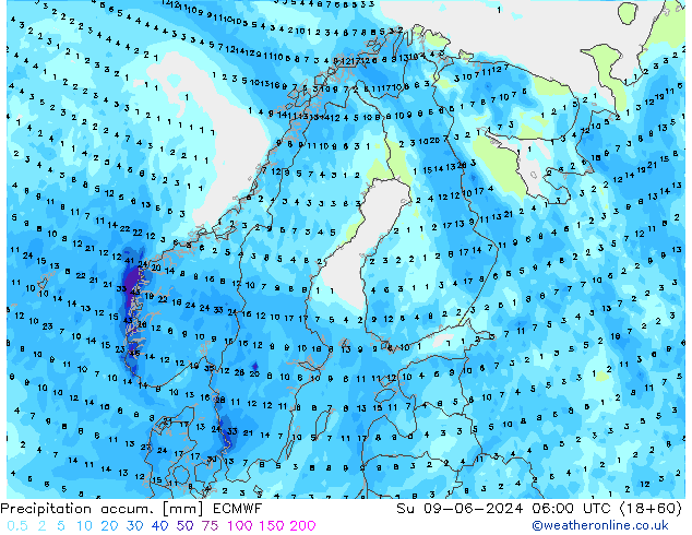 Precipitation accum. ECMWF dom 09.06.2024 06 UTC