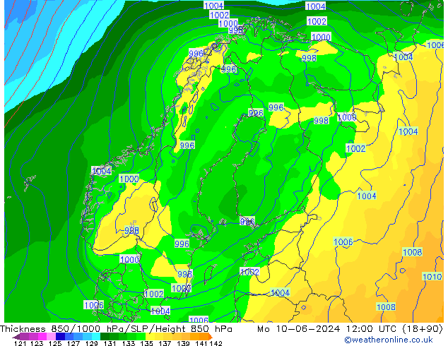 Dikte 850-1000 hPa ECMWF ma 10.06.2024 12 UTC