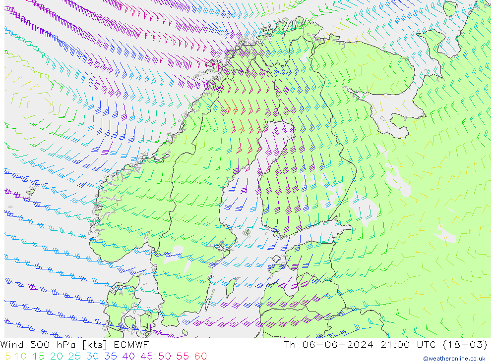 Viento 500 hPa ECMWF jue 06.06.2024 21 UTC