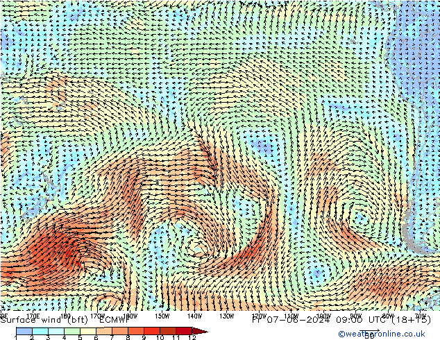 Surface wind (bft) ECMWF Pá 07.06.2024 09 UTC