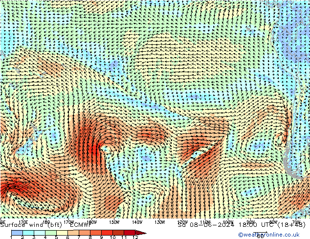 Viento 10 m (bft) ECMWF sáb 08.06.2024 18 UTC