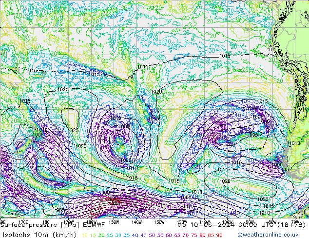 Isotachs (kph) ECMWF lun 10.06.2024 00 UTC