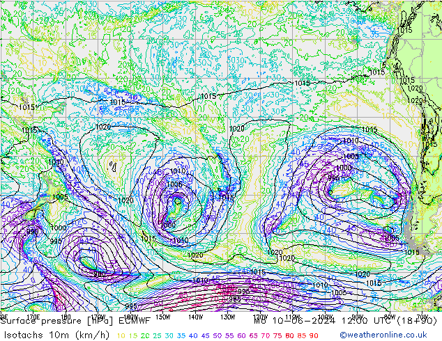 Isotachs (kph) ECMWF lun 10.06.2024 12 UTC