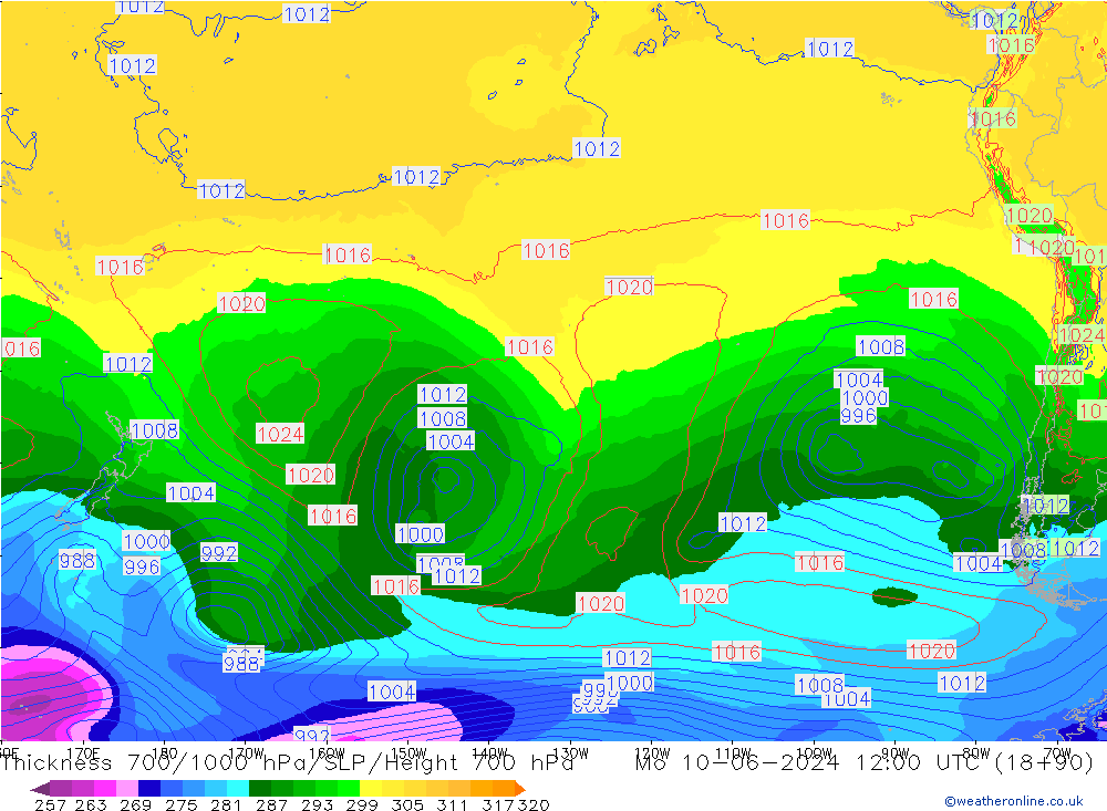 Thck 700-1000 hPa ECMWF lun 10.06.2024 12 UTC