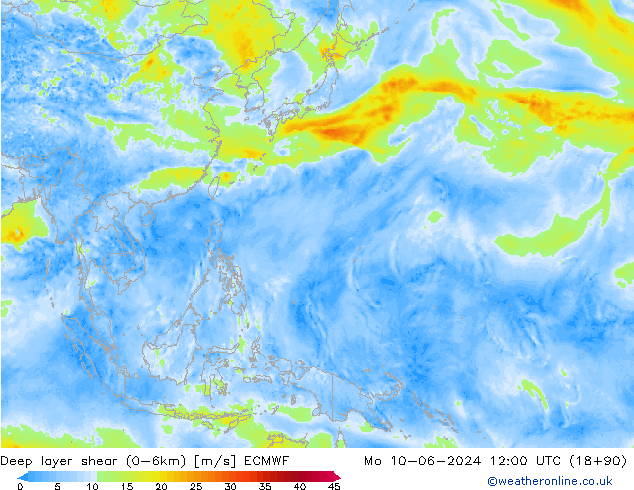 Deep layer shear (0-6km) ECMWF pon. 10.06.2024 12 UTC