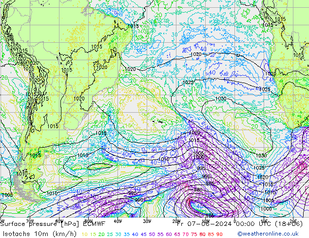 Isotaca (kph) ECMWF vie 07.06.2024 00 UTC