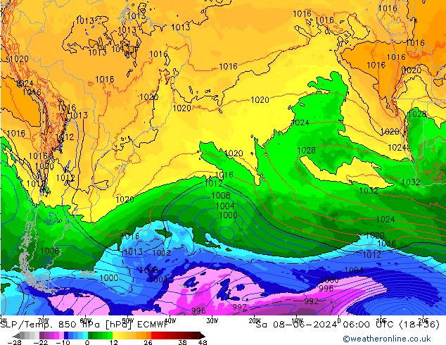 SLP/Temp. 850 hPa ECMWF za 08.06.2024 06 UTC