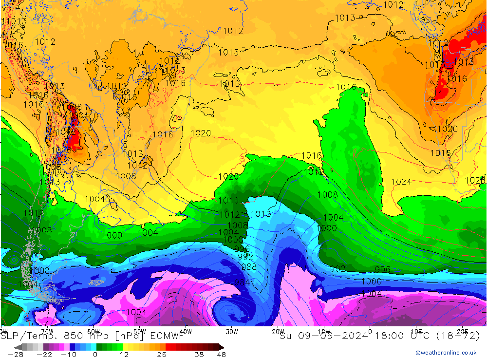 SLP/Temp. 850 hPa ECMWF zo 09.06.2024 18 UTC