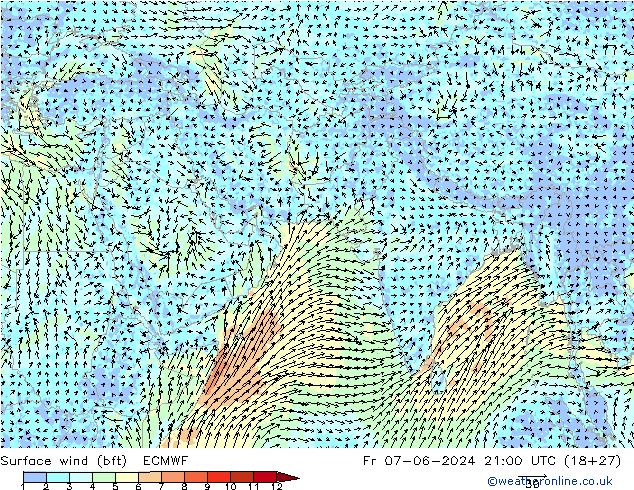 Surface wind (bft) ECMWF Pá 07.06.2024 21 UTC