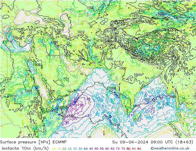 Isotachs (kph) ECMWF Su 09.06.2024 09 UTC