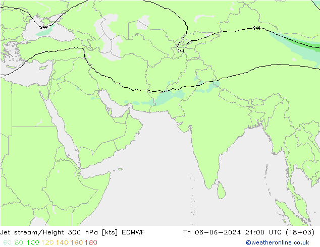 Jet stream/Height 300 hPa ECMWF Čt 06.06.2024 21 UTC