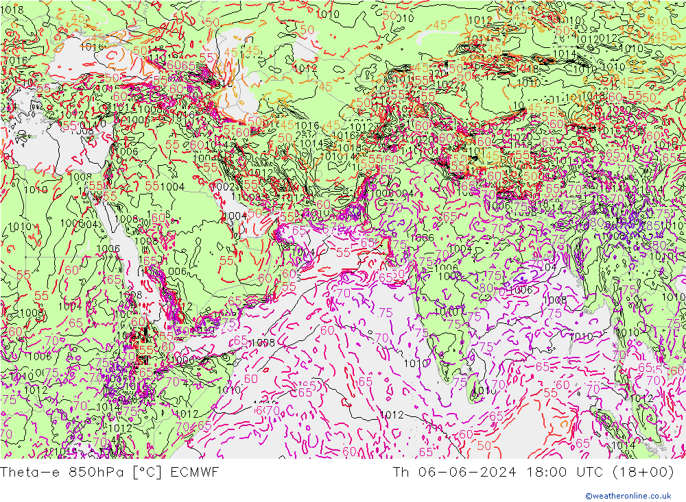 Theta-e 850hPa ECMWF Čt 06.06.2024 18 UTC