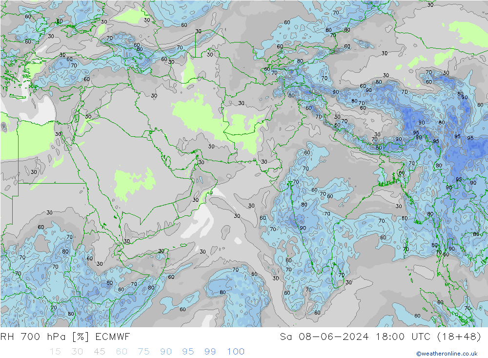 Humidité rel. 700 hPa ECMWF sam 08.06.2024 18 UTC