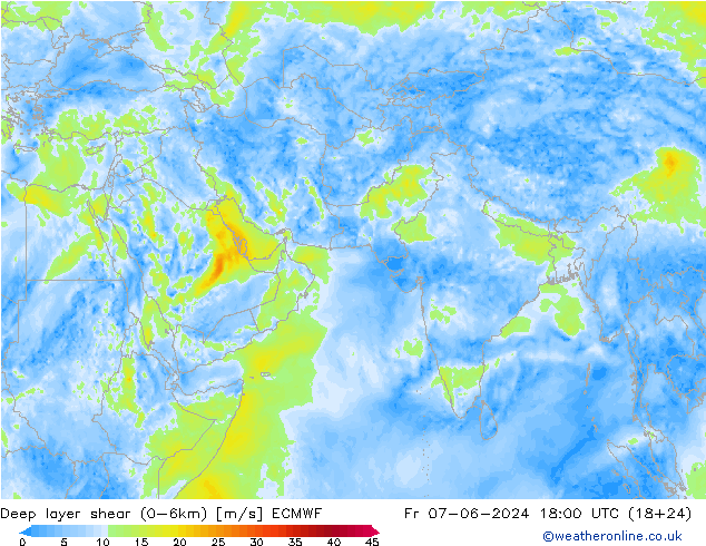 Deep layer shear (0-6km) ECMWF Fr 07.06.2024 18 UTC